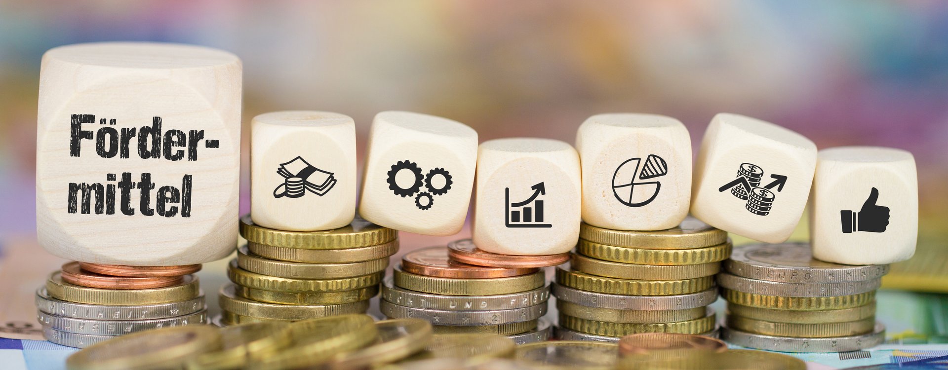 Sieben Würfel mit der Aufschrift Fördermittel sowie Grafiken, die Geld, Zahnräder, Tabellen zeigen, liegen aufgereiht auf Euromünzen.