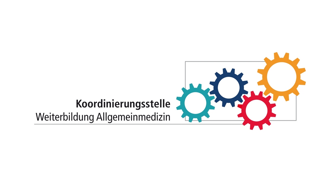 Logo mit Schriftzug Koordinierungsstelle Weiterbildung Allgemeinmedizin und vier bunten Zahnrädern, die ineinander greifen
